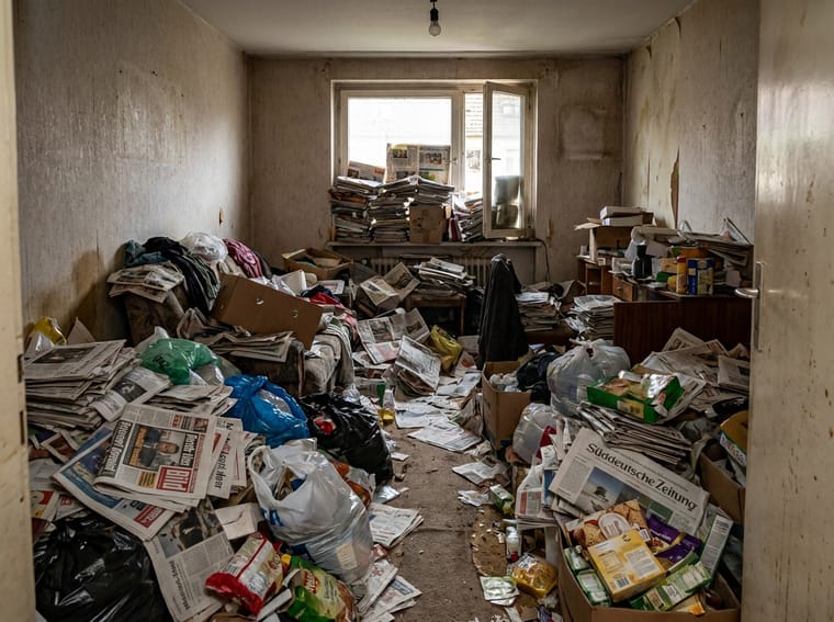 Vermülltes Wohnzimmer einer Messie-Wohnung